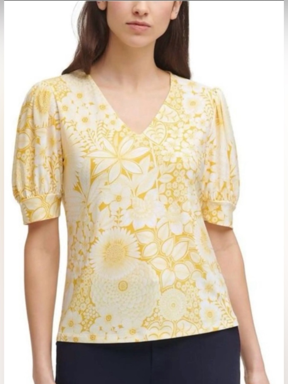 Tommy Hilfiger Yellow Floral V-Neck Puff Sleeve Blouse Size Large